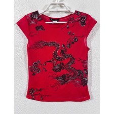 Coolwear Mesh Top Women Small Red Dragon Graphic Glitter Y2K Vintage picture