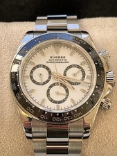 Sugess Seestern Auto Chronograph White Dial Black Tachymeter SS Bracelet Box picture