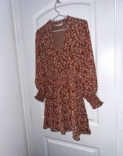 Altar'd State Brown/White/Orange Floral Ruffle V-Neck Long Sleeve Mini XS picture