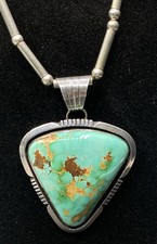 VTG Etta Endito Navajo Royston Turquoise Pendant On Sterling Bead Necklace picture