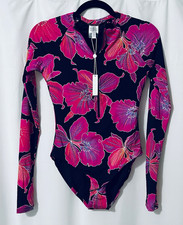 Trina Turk Black Pink Purple Floral Long Sleeve Front Zip One Piece Swimsuit S picture
