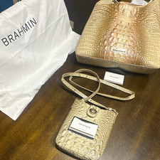 Brahmin Medium Shoulder Bag Croc Embossed Metallic Gold Zip w/ Crossbody bag picture