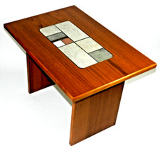 Mid Century Teak Table Vintage Ceramic Tile Top Danish Modern Style picture