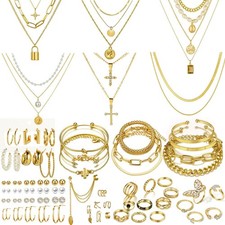 73 Pcs Gold Jewelry Set with 6Pcs Layered Necklace, 11 Pcs anklet and 7Pcs Earri picture