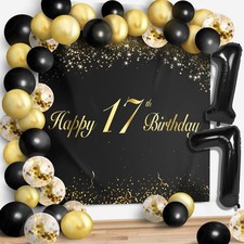 Happy 17th Birthday Balloons Black Set Decor - Cheers to 17 Years Old Party T... picture