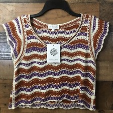 Rebellion Again Boho Top Women Large Knit Crop Crochey Cottage 70s Retro NWT picture
