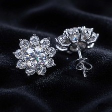 Certified Lab Grown White Diamond Flower Stud Earrings 14K White Gold Earrings picture