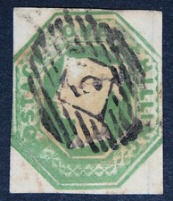 GB SG55 1847 QV 1/- Green, Embossed, Square cut, Used, Cat £750 picture