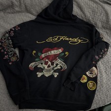 ED HARDY Vintage Y2K Zip Up Black Hoodie Love Kills Skull - Men’s Large/ Unisex picture