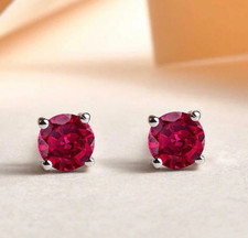 4 Ct Round Cut Lab Created Red Ruby Stud Earrings 14K White Gold 7mm Push Back picture