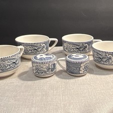 VTG Blue and White Royal China Company Currier and Ives 4 Tea Cups S &P Set of 6 picture