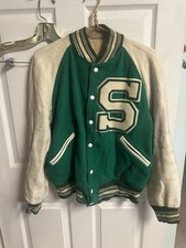 Vnt Varsity Letterman S Jacket Wool Distressed Green 50s 60s Snap Med 44w 25L picture