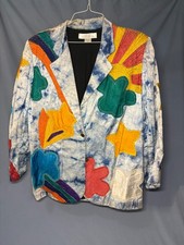 Vintage 90s Sandy Starkman Jacket S Rainbow Sun Stars Wearable Art Rayon picture