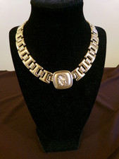 Vtg. Monet 1980s gold-tone Etruscan Revival Chunky Collar Necklace w/ Centurion picture