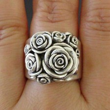 Boho 925 Sterling Silver New Women Fashion Vintage Style Rose Flower Ring Size 9 picture