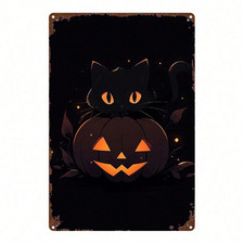 Vintage Retro Metal Sign Halloween Black Cat Pumpkin Lantern Art 8x12