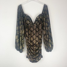 Luxxel Dress Womens Medium The Leyton Mini Ruched Black Gold Balloon Sleeves New picture
