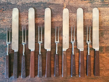 Rare ANTIQUE Early LAMSON GOODNOW 2 Tine FORK KNIFE Set 12 Piece SIGNED Cutlery picture