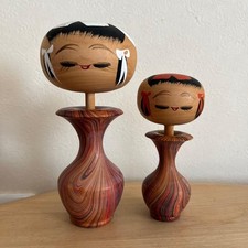 Vintage Japanese Sosaku Kokeshi Pair Vase Shape Marbled Swirl Collectible 15+ picture