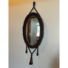 Vintage 1970s Boho Beaded Wall Mirror Oval Wood Bead Tassel Mirror Retro Decor picture