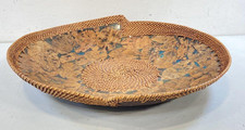 Vintage 1980s Palecek Mid Century Modern Leaf Design Rattan Wooden Bowl  ~20” picture