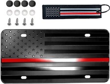Thin Red Line Black American Flag License Plate Firefighter Aluminum Embossed picture