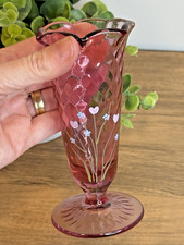 Fenton Pink Diamond Pattern Glass Vase - Hand Painted & Signed 