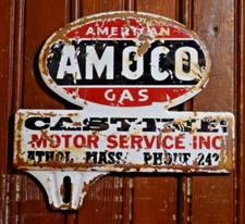 1950s AMOCO AMERICAN GAS CASTINE MOTOR STAMPED PAINTED METAL TOPPER SIGN OIL AIR picture