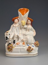 Antique 19th Century Staffordshire Pottery Small Figure Lady & Man Dog & Lamb picture