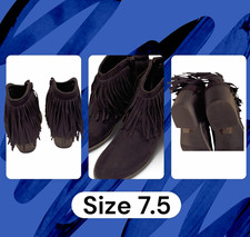 J. Adams Women’s Black Suede Fringe Ankle Boots Zip 7.5N Low Block 3025-B picture