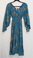 Angie Women's Dress Size Medium Teal Blue Floral Smoked Waist Bell Sleeve ~ Used picture