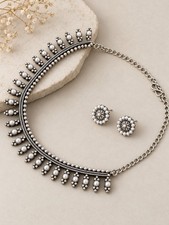 Silver Oxidized Beaded Ethnic Necklace & Earrings Set picture