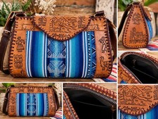 Vintage Leather Woven Textile Shoulder Bag Llama Cactus Southwestern Purse picture