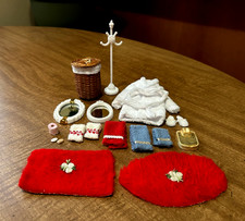 LOT  VINTAGE MINIATURE DOLLHOUSE BATHROOM ACCESORIES - HAMPER, ROBE, TOWELS, ETC picture