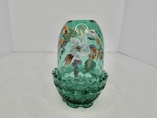 Vintage Fenton Glass Green Optic 2pc Glass Fairy Lamp Hand Painted picture