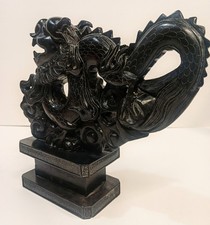 Vtg Chinese Carved Black Jade Dragon Bookend Heavy Statue Sculpture 8 Inch 4 Lbs picture
