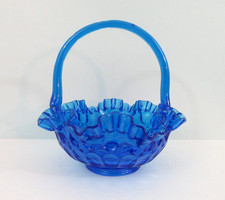 Vintage Fenton Colonial Blue Glass Thumbprint Ruffled Edge Applied Handle Basket picture