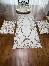 Vtg, Hand embroidered in Madeira With Cutwork Doilies, Table runner Set Of 3 picture