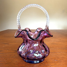 VTG Fenton Mulberry Basket Cranberry To Purple to Blue Coin Dot Twisted Handle picture