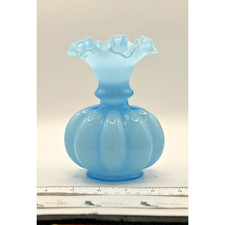 Fenton Light Aqua Blue Opaline Melon Bud Vase Ruffled Edge Vintage 6” picture
