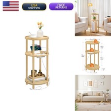HOOBRO Round Bamboo End Table with Charging Station, 3-Tier, Natural YL152UBZ01 picture