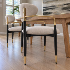 Set of 2 Modern Upholstered Dining Chairs Beige Black Gold Metal Frame Armchairs picture