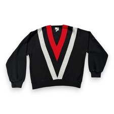 Vintage Aldens Sweater Adult LARGE Black Red V Stripe Chevron Mod Orlon USA 60s picture