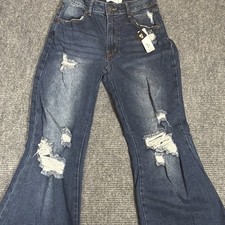 rue21 Women's High-Rise Dark Wash Distressed Flare Denim Jeans Size 5  90’s FIT picture