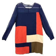 Diane von Furstenberg DVF Navy Orange Colorblock Silk Sheer Sleeve Dress 8 Mod picture