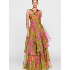 Theia Rosalinda Twisted Halter Gown Camilia Pop Size 4 NWT Floral Ruffled Tiered picture