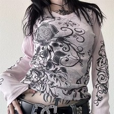 Y2K Gothic Rose Graphic Long Sleeve Top Women Grunge Streetwear Tee picture