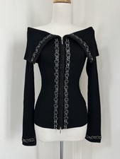 VTG Y2K 90s Black Gabrielle Solis Cache Off Shoulder Beaded Zip Up Sweater Sz. M picture