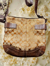 Coach Signature Beige Brown Shoulder Bag Zip Buckle Detachable Strap Pockets picture