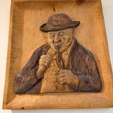 Vintage Hand-Carved Wood Relief Plaque - Man Smoking Pipe picture